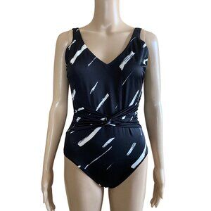 Vintage DeWeese Black & White Brushstroke One-Piece Pinup Nylon Swimsuit Size 10